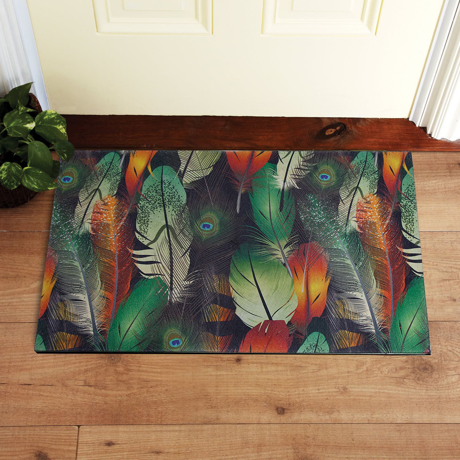 Tavus Kuşu Tüyü Baskılı Çift Taraflı Kauçuk Kapı Önü Paspası